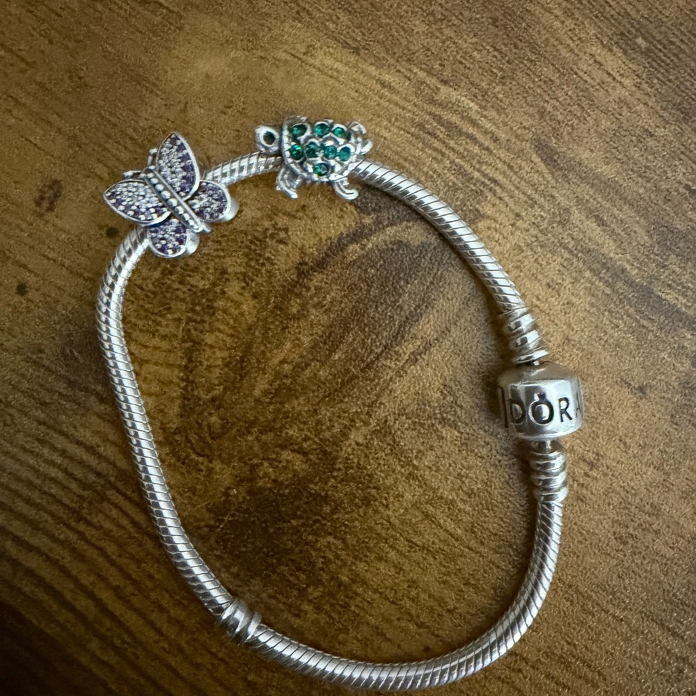 PANDORA Silver Charm Bracelet with Butterfly and Turtle Charms